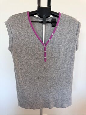 Gray Knit V-Neck Top with Magenta Trim - Live Love Lounge